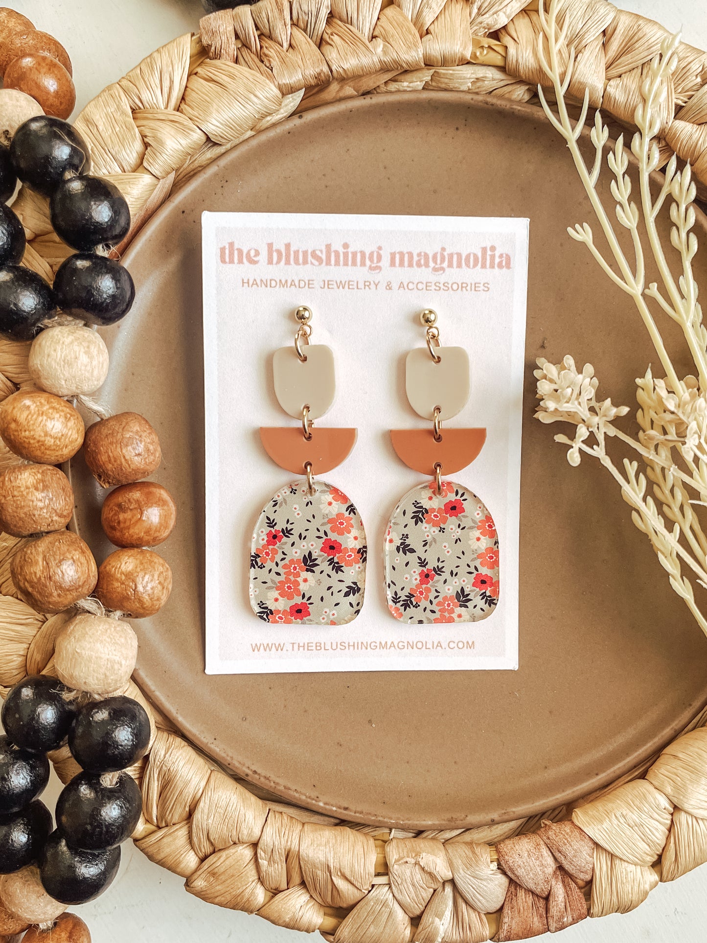 Tan + Terracotta Floral Dangle Earrings
