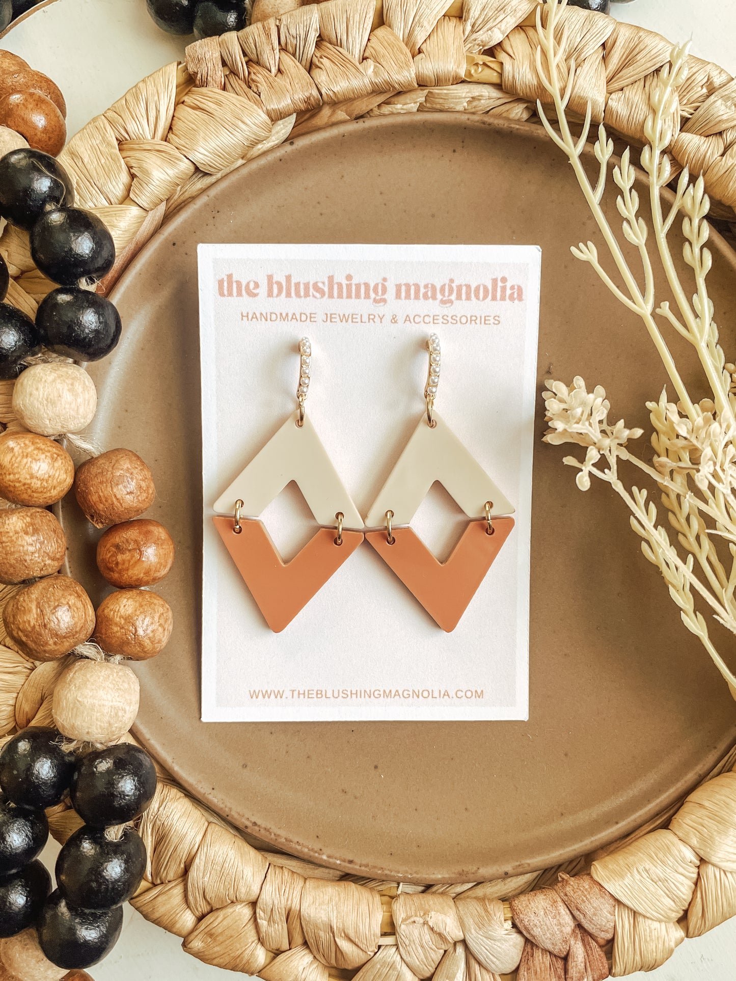 Cream + Terracotta Diamond Pearl Dangle Earrings
