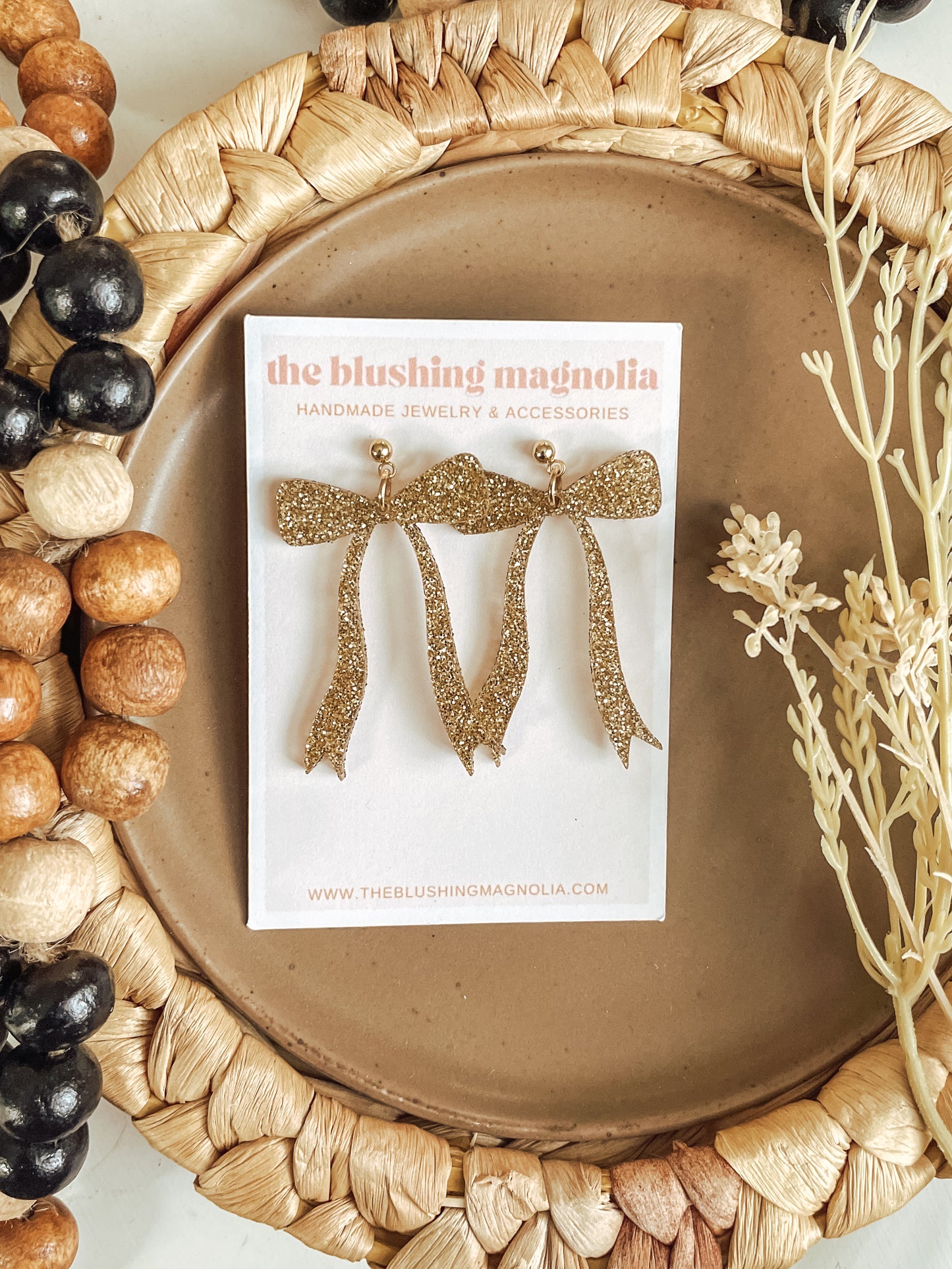 Gold Glitter Bow Dangle Earrings