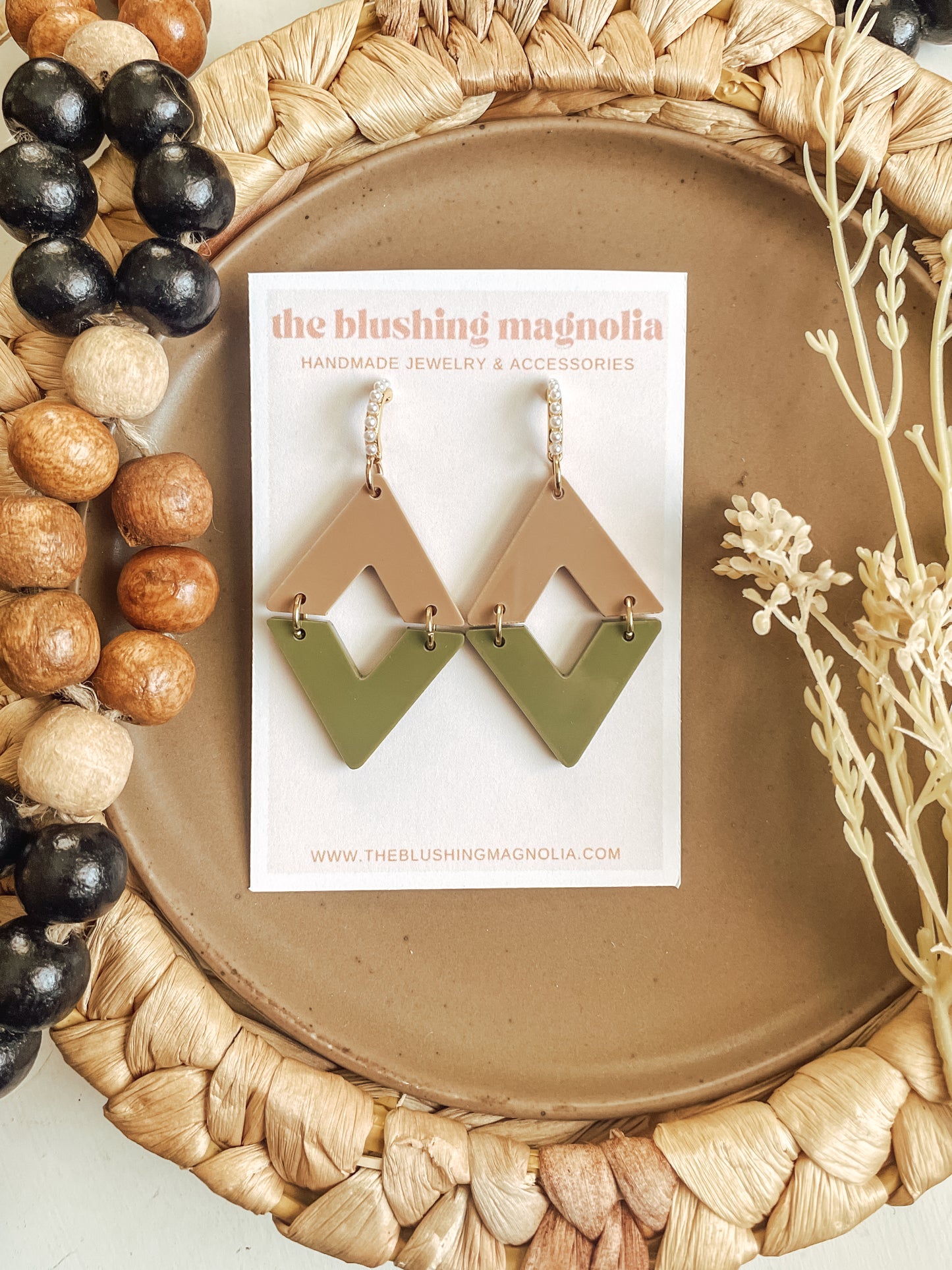 Tan + Olive Diamond Pearl Dangle Earrings