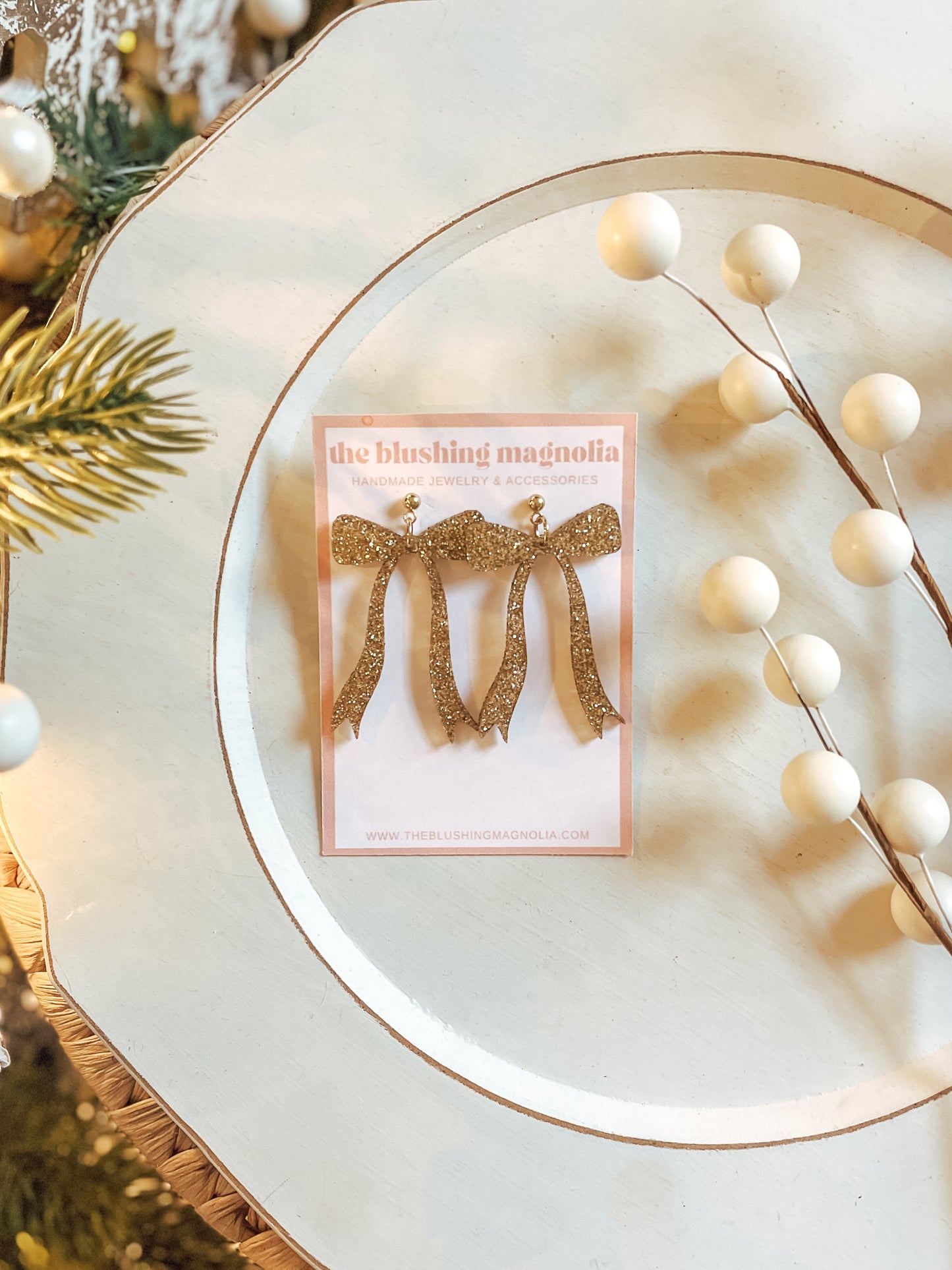 Gold Glitter Bows - Dangle Earrings