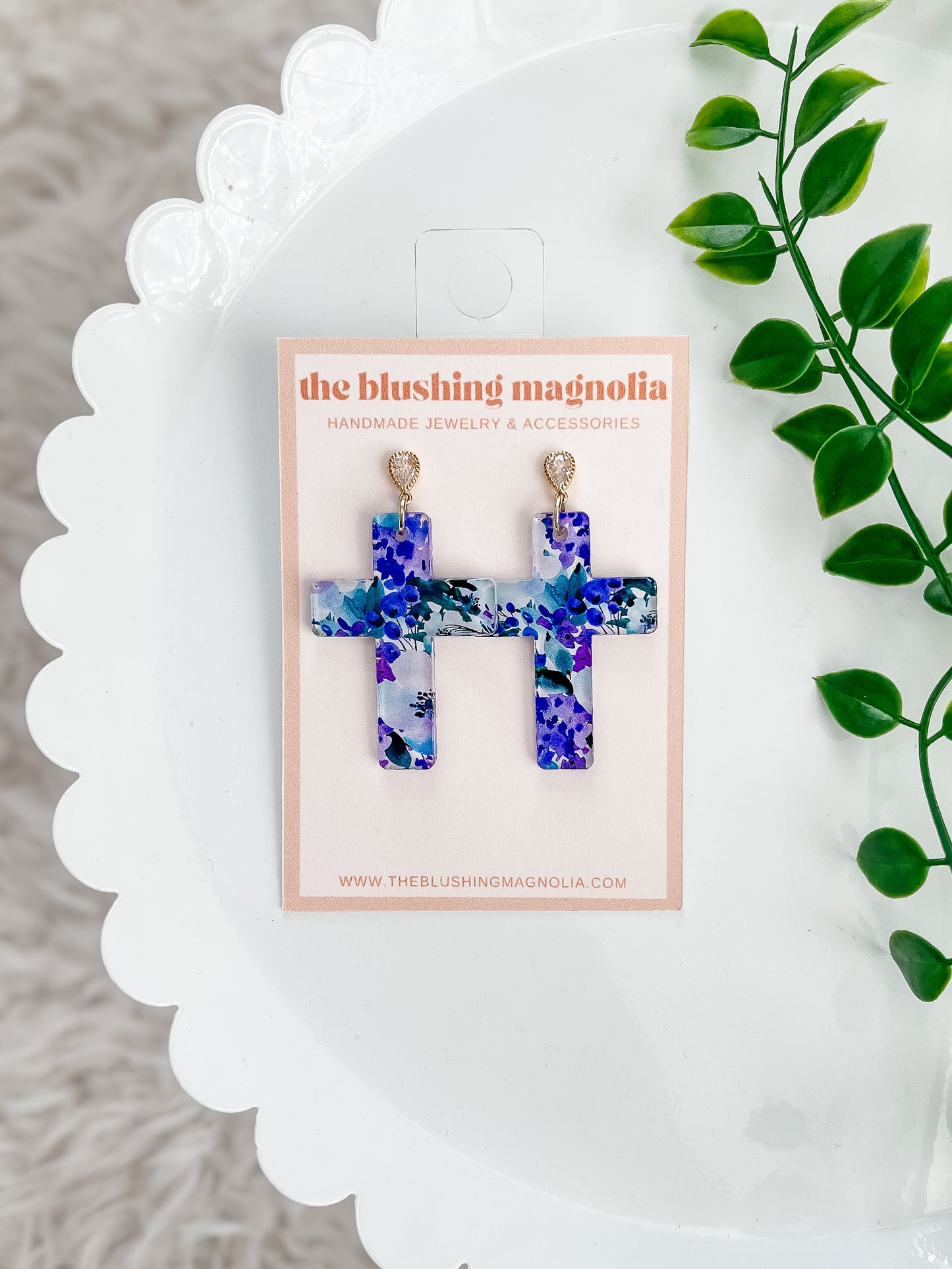 Purple Floral Cross Dangle Earrings