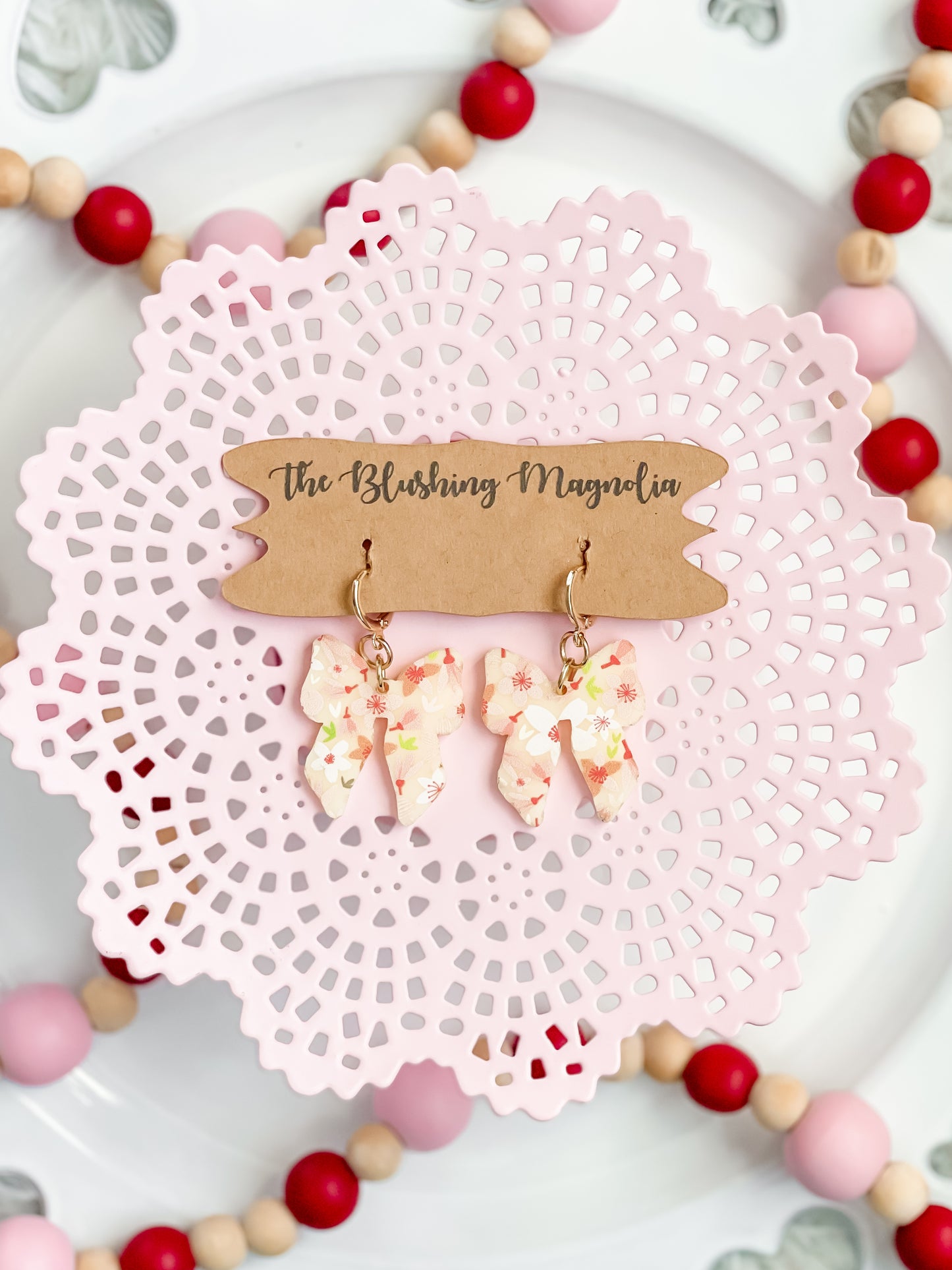 Peachy Floral Bow Dangle Earrings