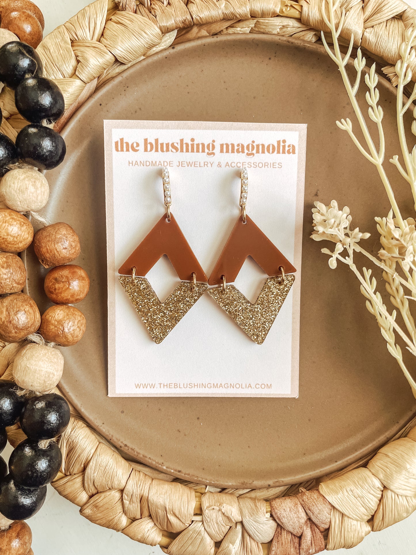 Caramel + Gold Glitter Diamond Pearl Dangle Earrings