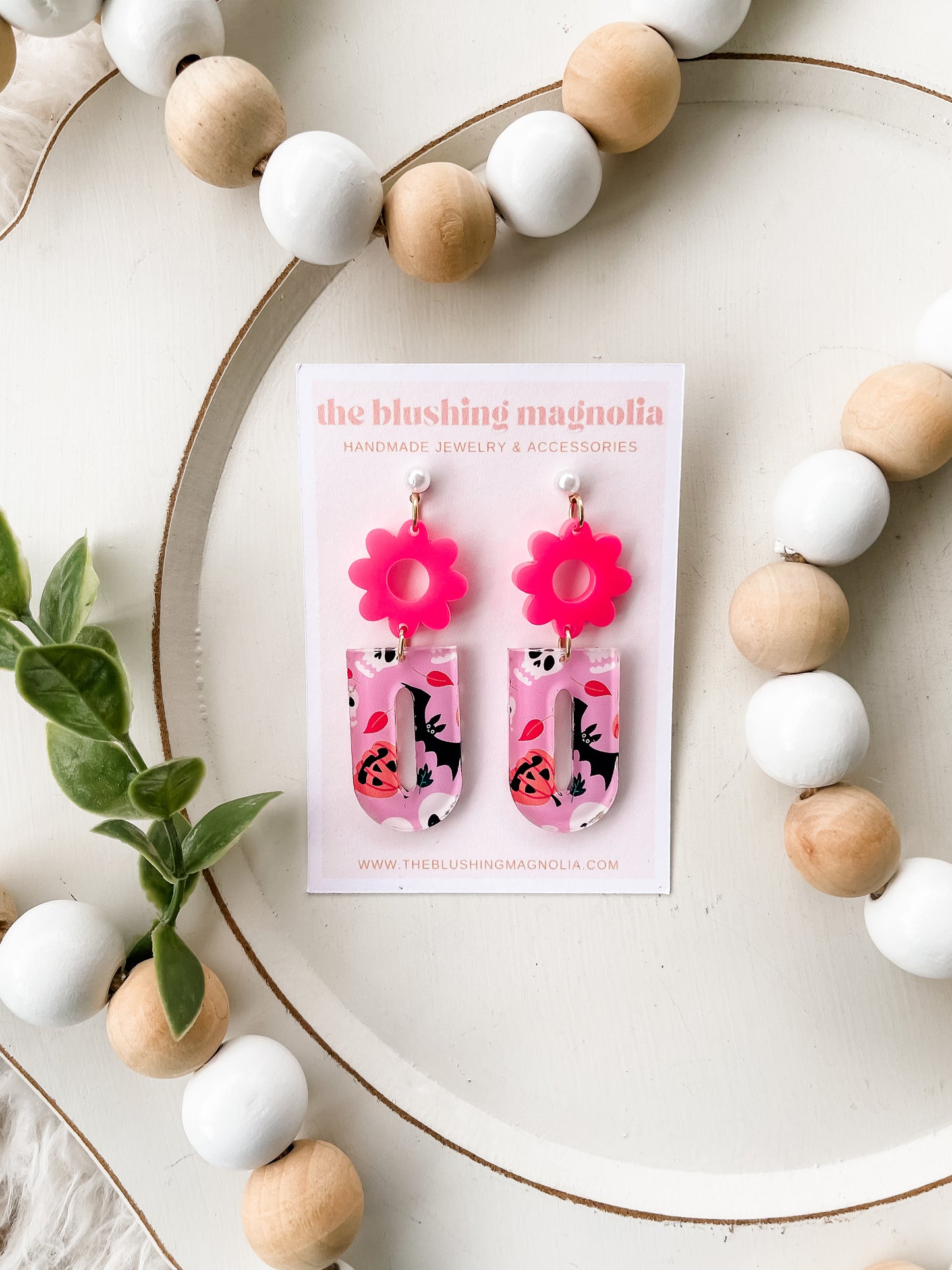 Pink Flower Halloween Dangle Earrings