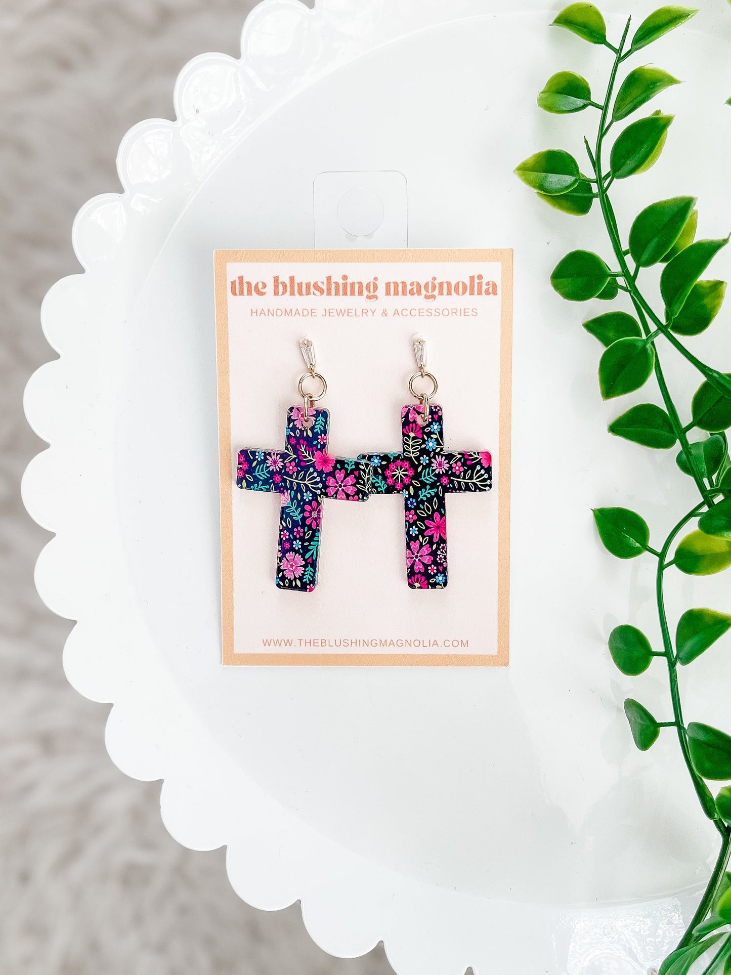 Pink Floral Cross Dangle Earrings