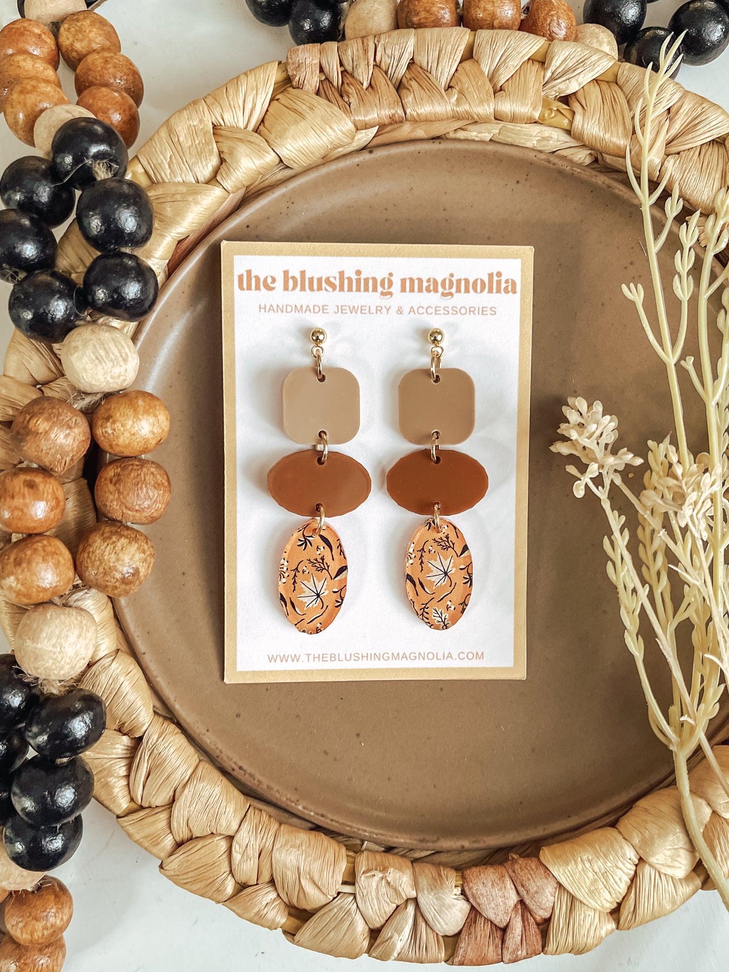 Beige, Caramel + Mustard Floral Dangle Earrings