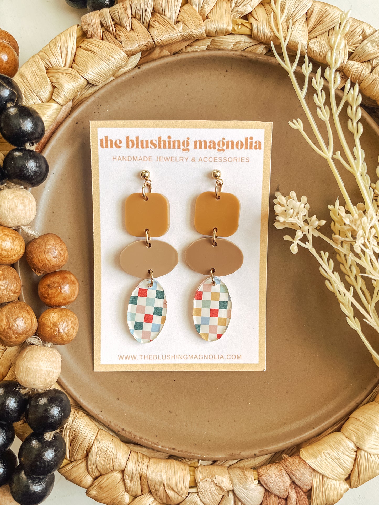 Mustard + Tan Fall Checkered Dangle Earrings