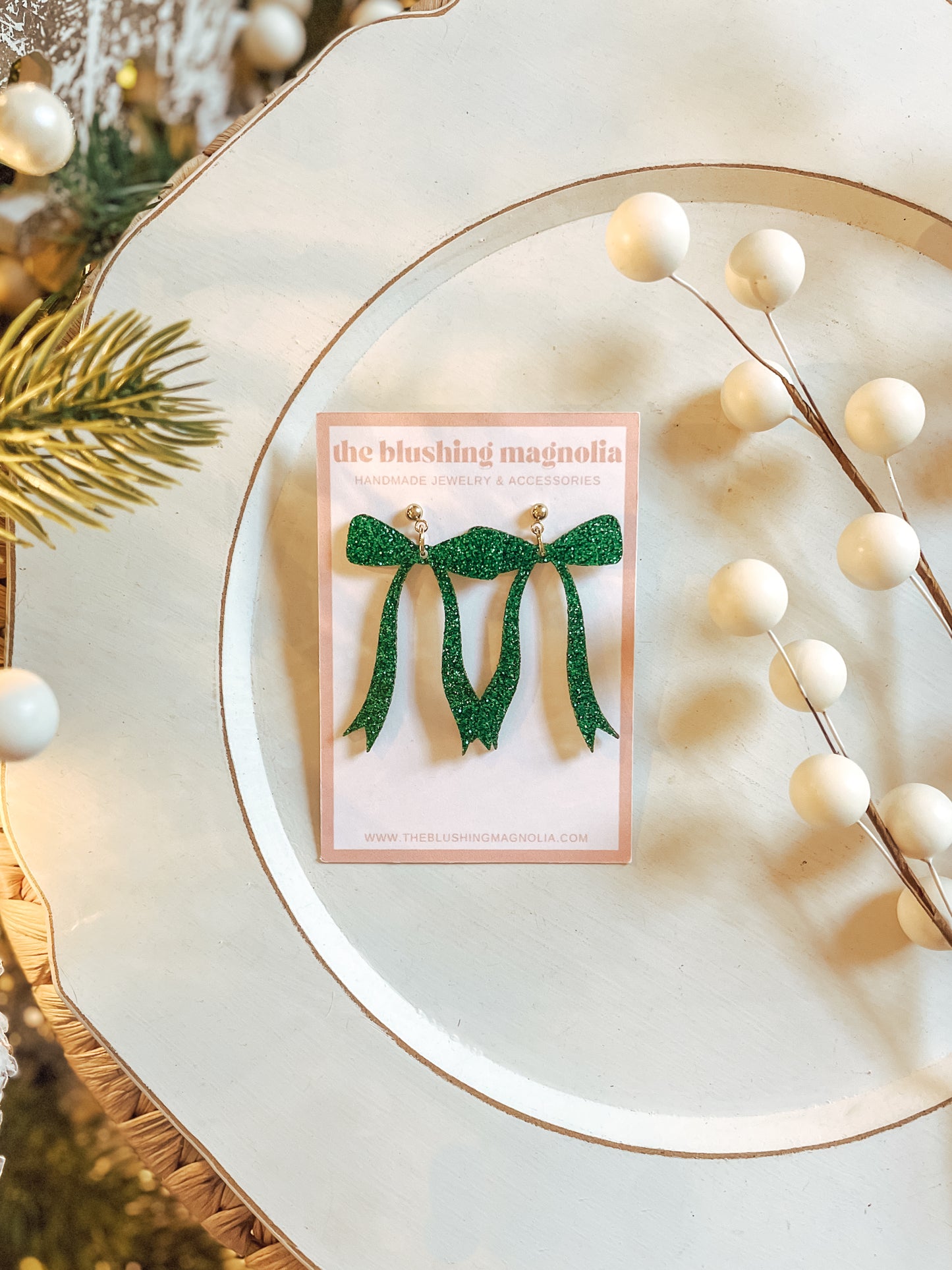 Green Glitter Bows - Dangle Earrings