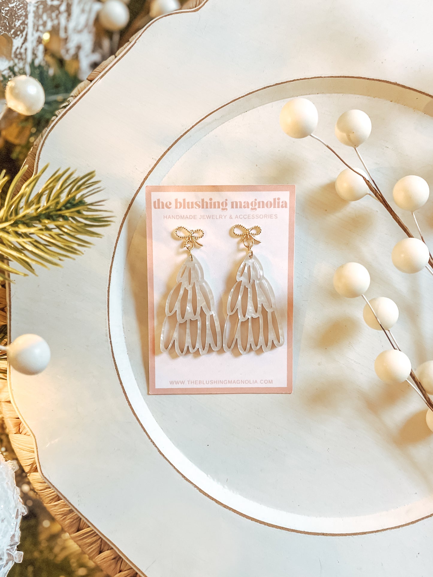 Pearl White Christmas Tree Dangle Earrings