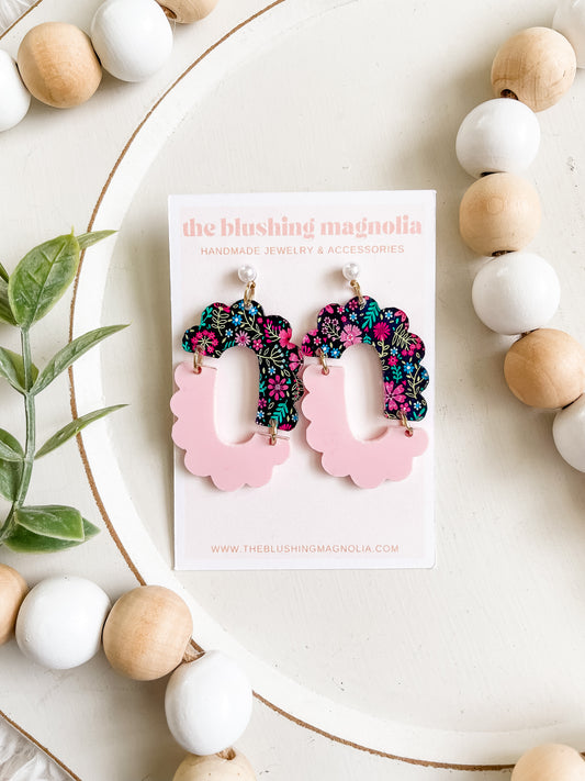 Scalloped Blue + Pink Floral Dangle Earrings