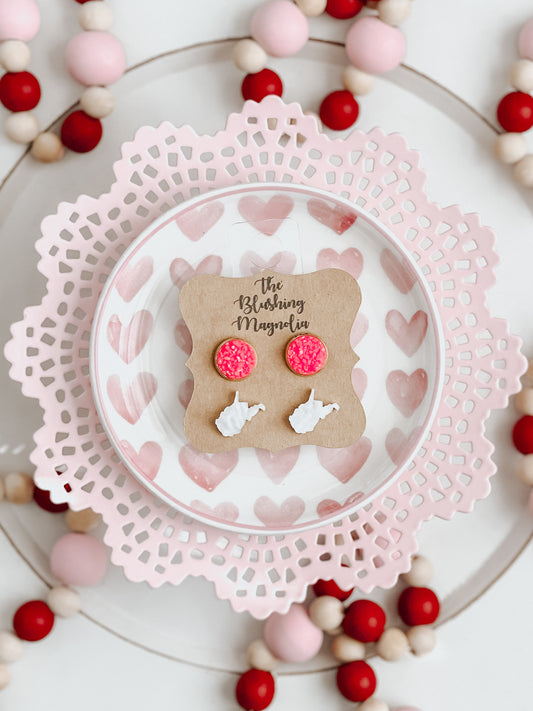 White Pearl WV + Hot Pink Druzy Stud Earrings