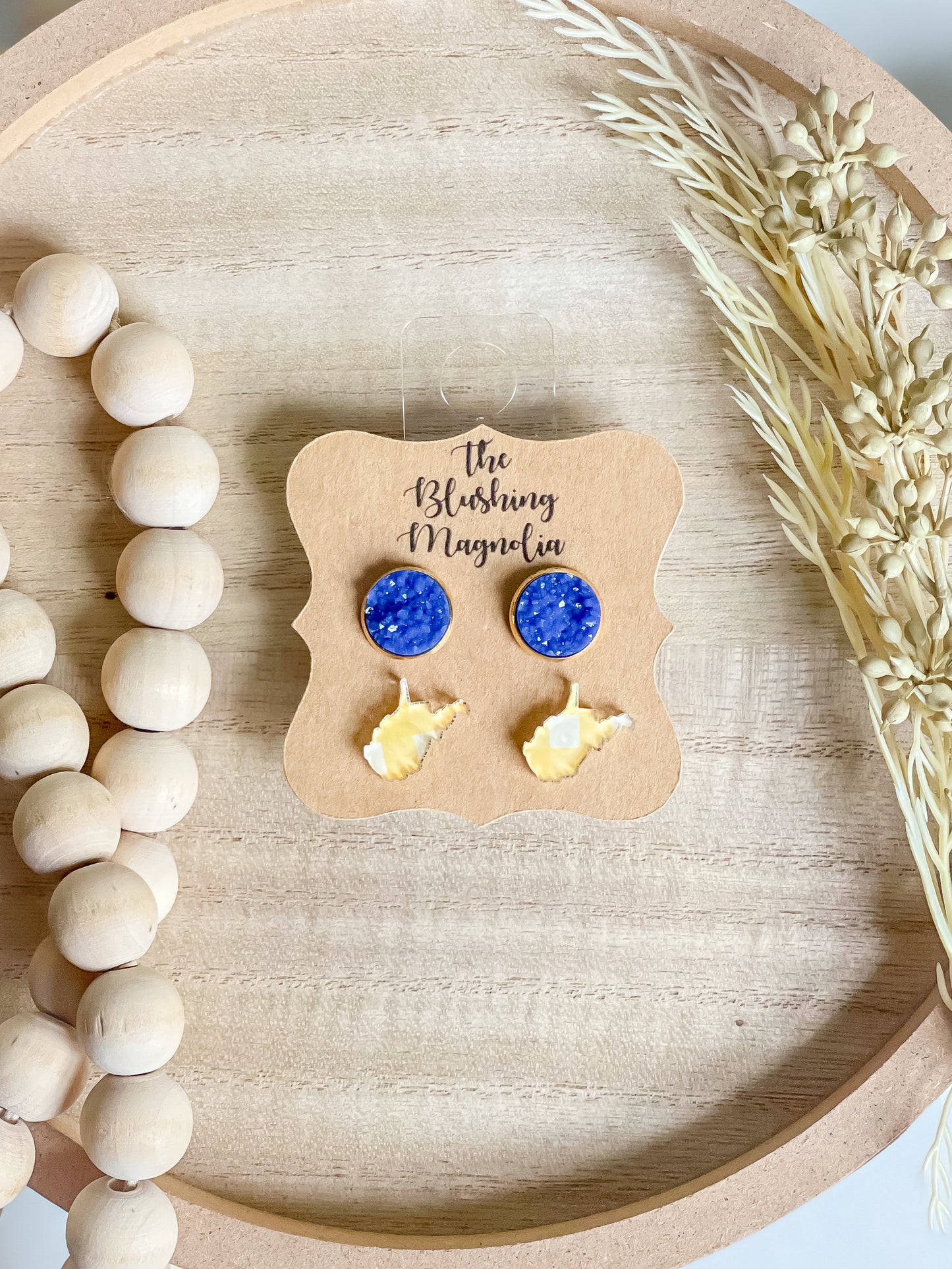 Yellow Plaid WV + Blue Druzy Studs