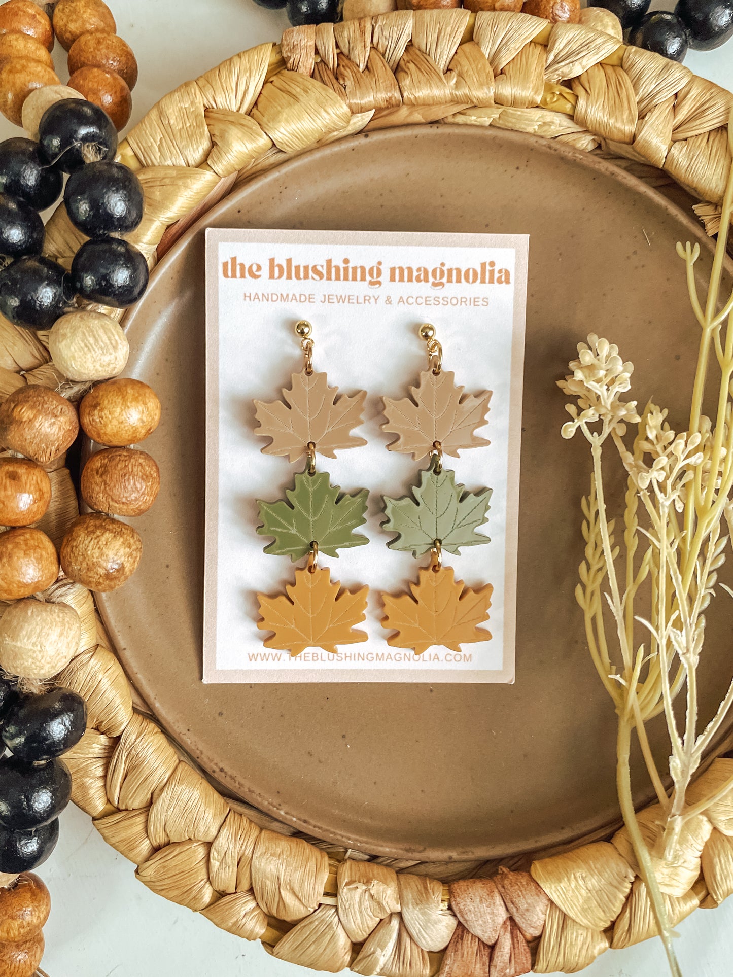 Beige, Olive + Mustard Leaves - Dangle Earrings