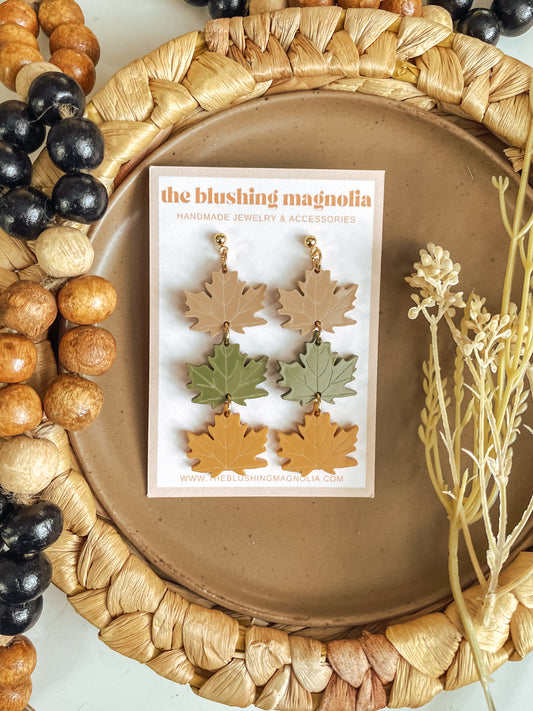 Beige, Olive + Mustard Leaves - Dangle Earrings