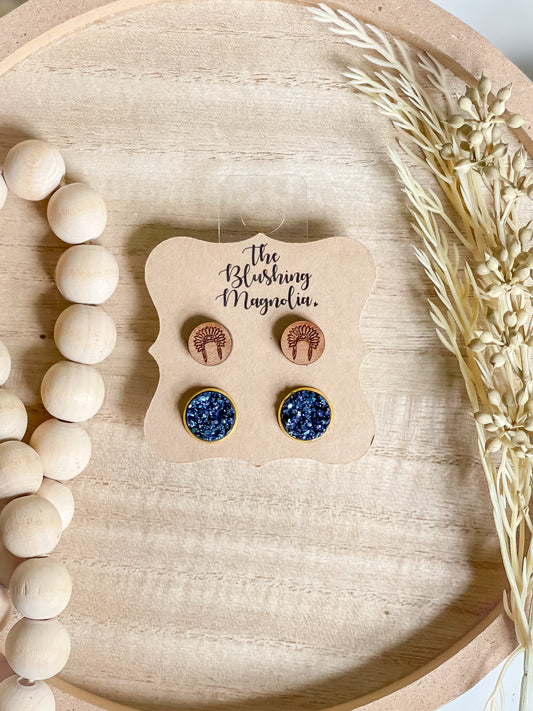 Feathered Indians + Blue Sparkle Druzy Studs