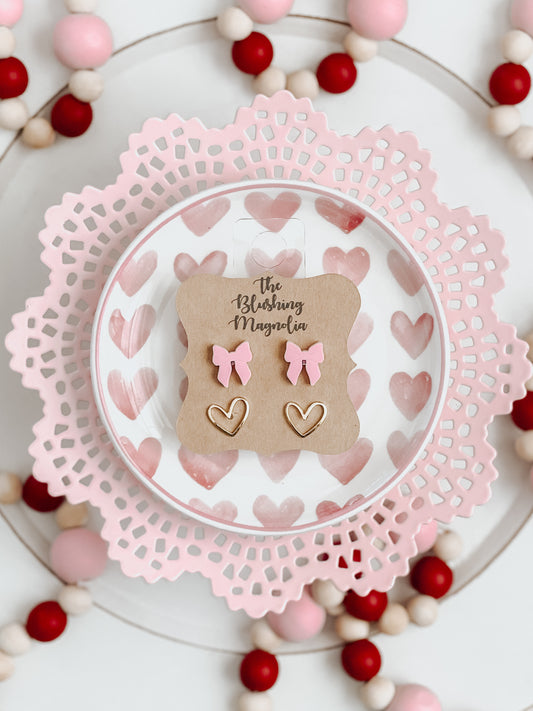 Pink Bows + Gold Metal Heart Stud Earrings