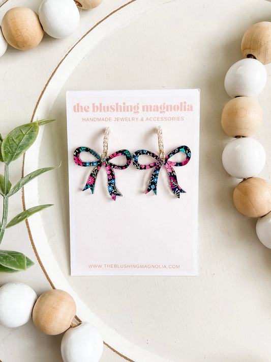 Blue + Pink Floral Bow Dangle Earrings