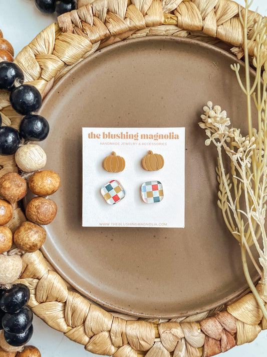 Mustard Pumpkins + Fall Checker Stud Earrings