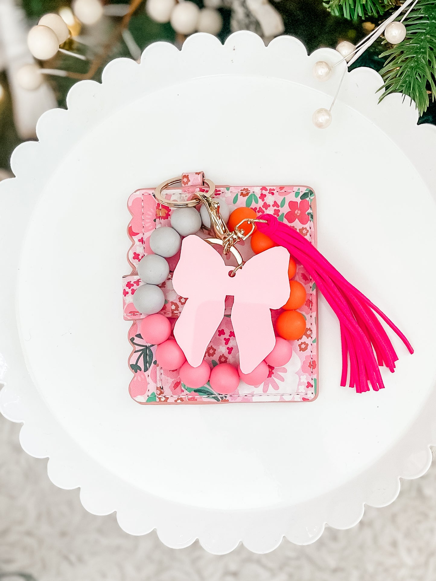 Pink Floral Bow Keychain + Wallet