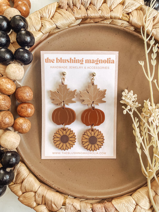 Sunflower, Pumpkin + Leaf Dangle Earrings