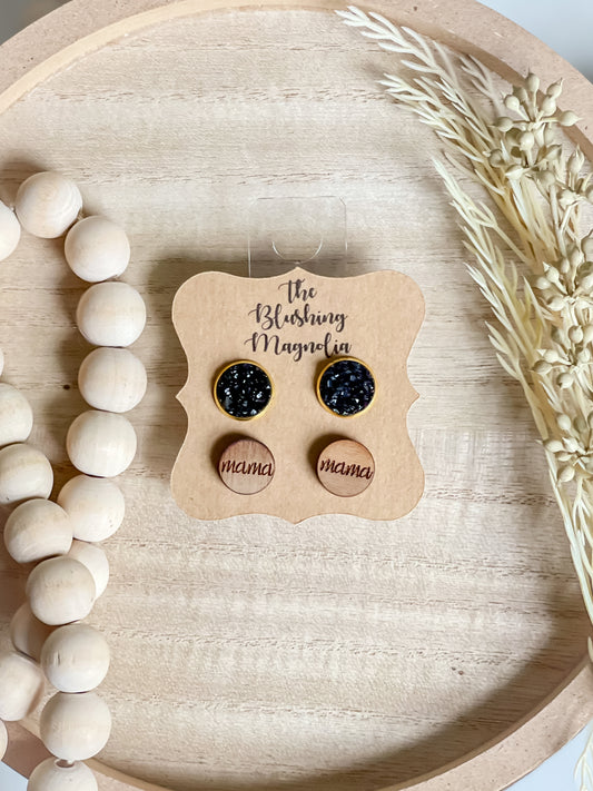 Mama + Black Druzy Studs