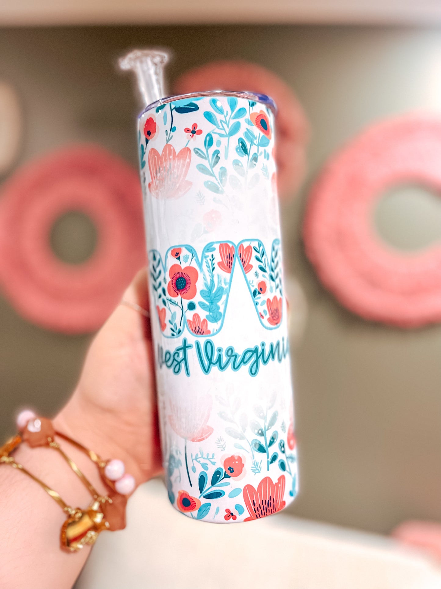 Blue + Pink Floral 20 Oz Skinny Tumbler