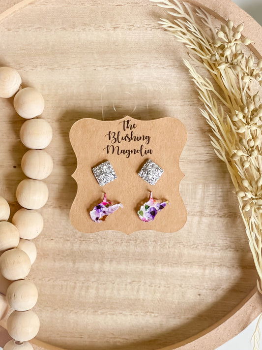 Purple Floral WV + Silver Druzy Studs