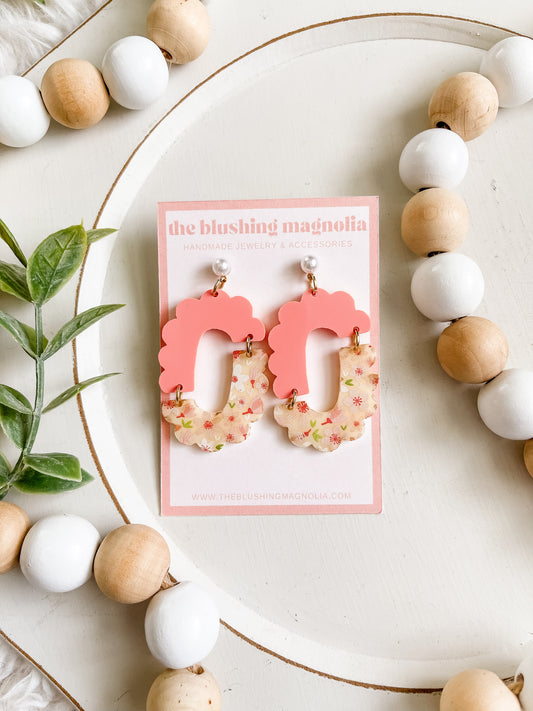 Scalloped Coral Floral Dangle Earrings