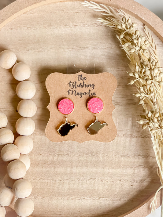 Gold Mirror WV + Hot Pink Druzy Studs