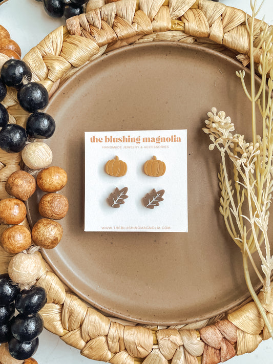 Mustard Pumpkins + Brown Leaves Stud Earrings
