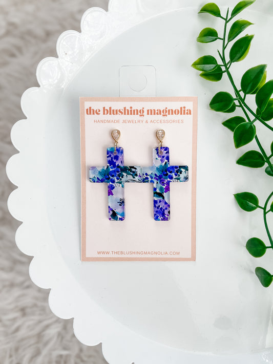 Purple Floral Cross Dangle Earrings