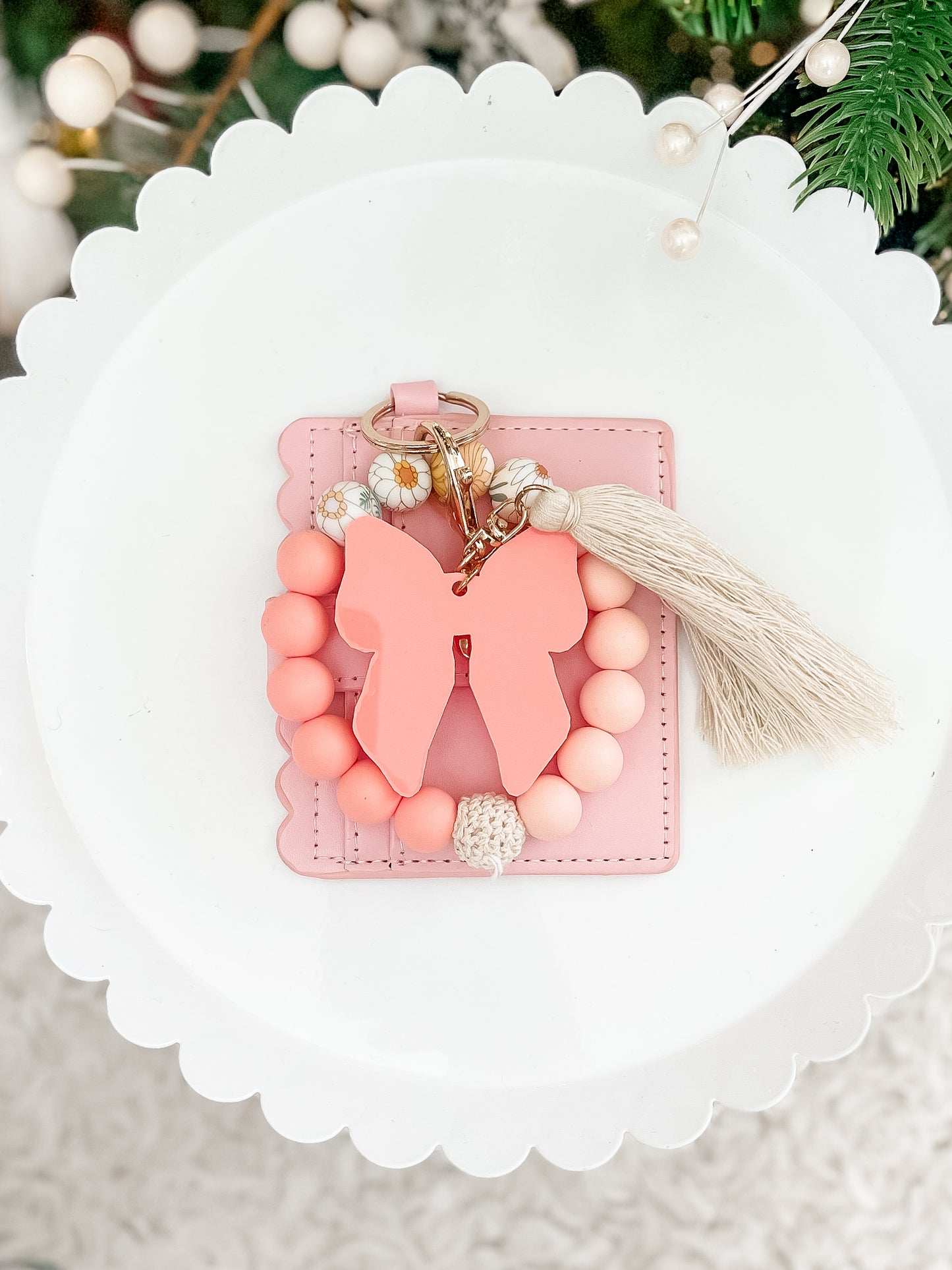 Peachy Floral Bow Keychain + Wallet