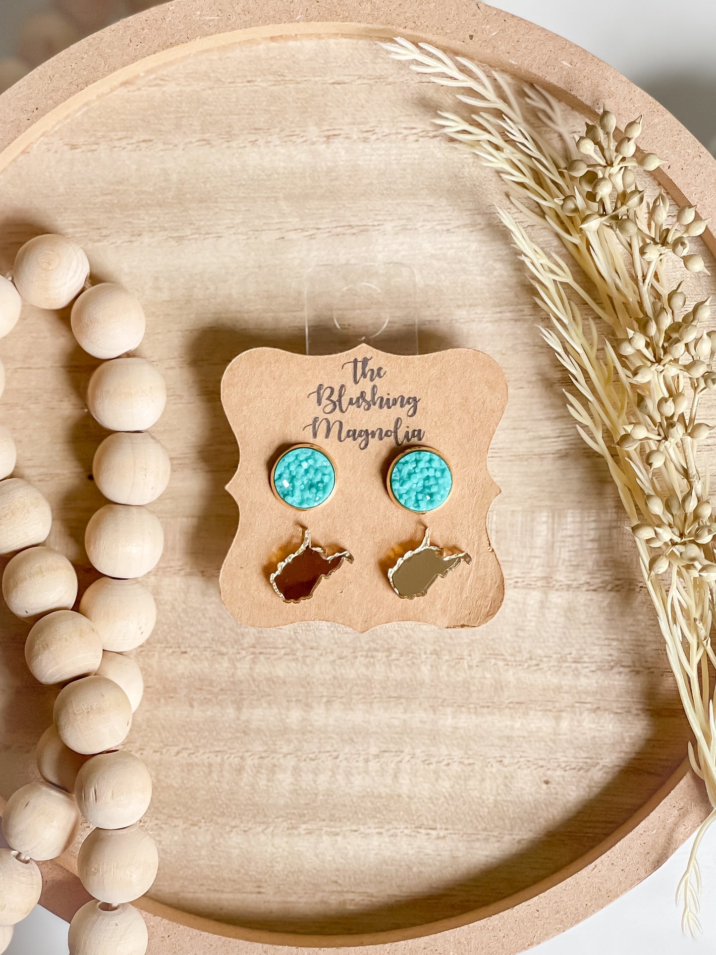 Gold Mirror WV + Teal Druzy Studs