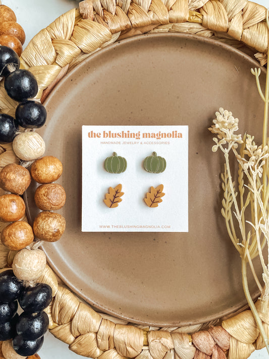 Olive Pumpkins + Mustard Leaves Stud Earrings