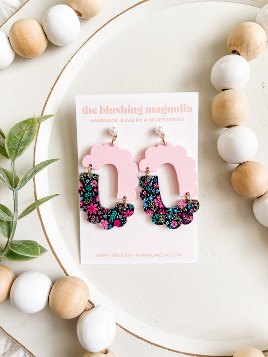 Scalloped Blue + Pink Floral Dangle Earrings