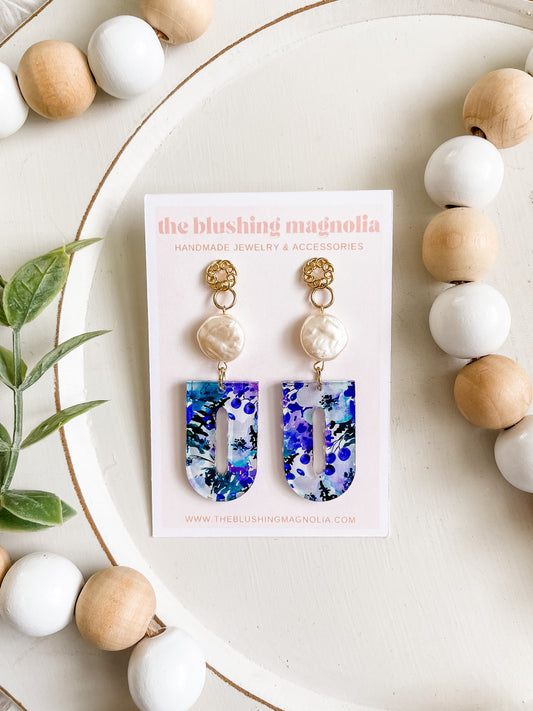 Purple Floral Pearl Dangle Earrings