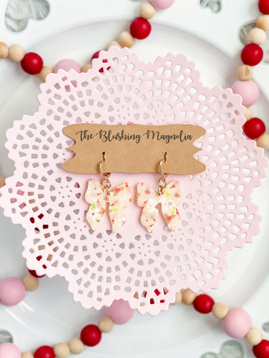 Peachy Floral Bow Dangle Earrings