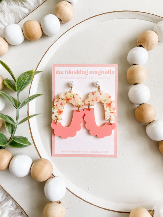 Scalloped Coral Floral Dangle Earrings