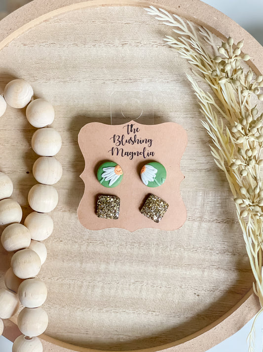 Green Floral + Gold Druzy Studs