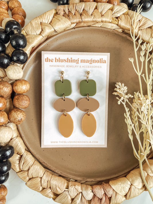 Olive, Beige + Mustard Dangle Earrings