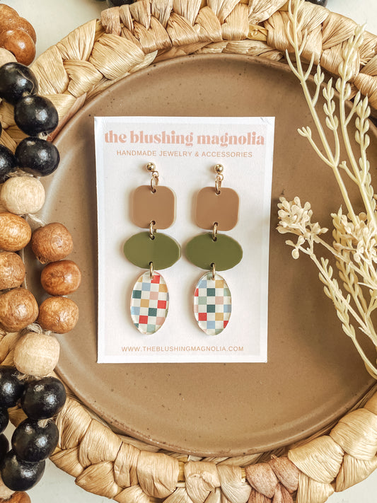 Tan + Olive Fall Checkered Dangle Earrings