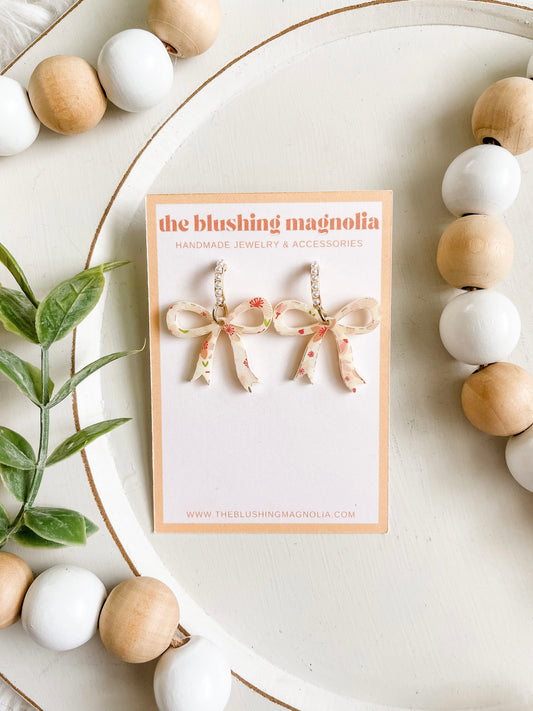 Coral Floral Bow Dangle Earrings