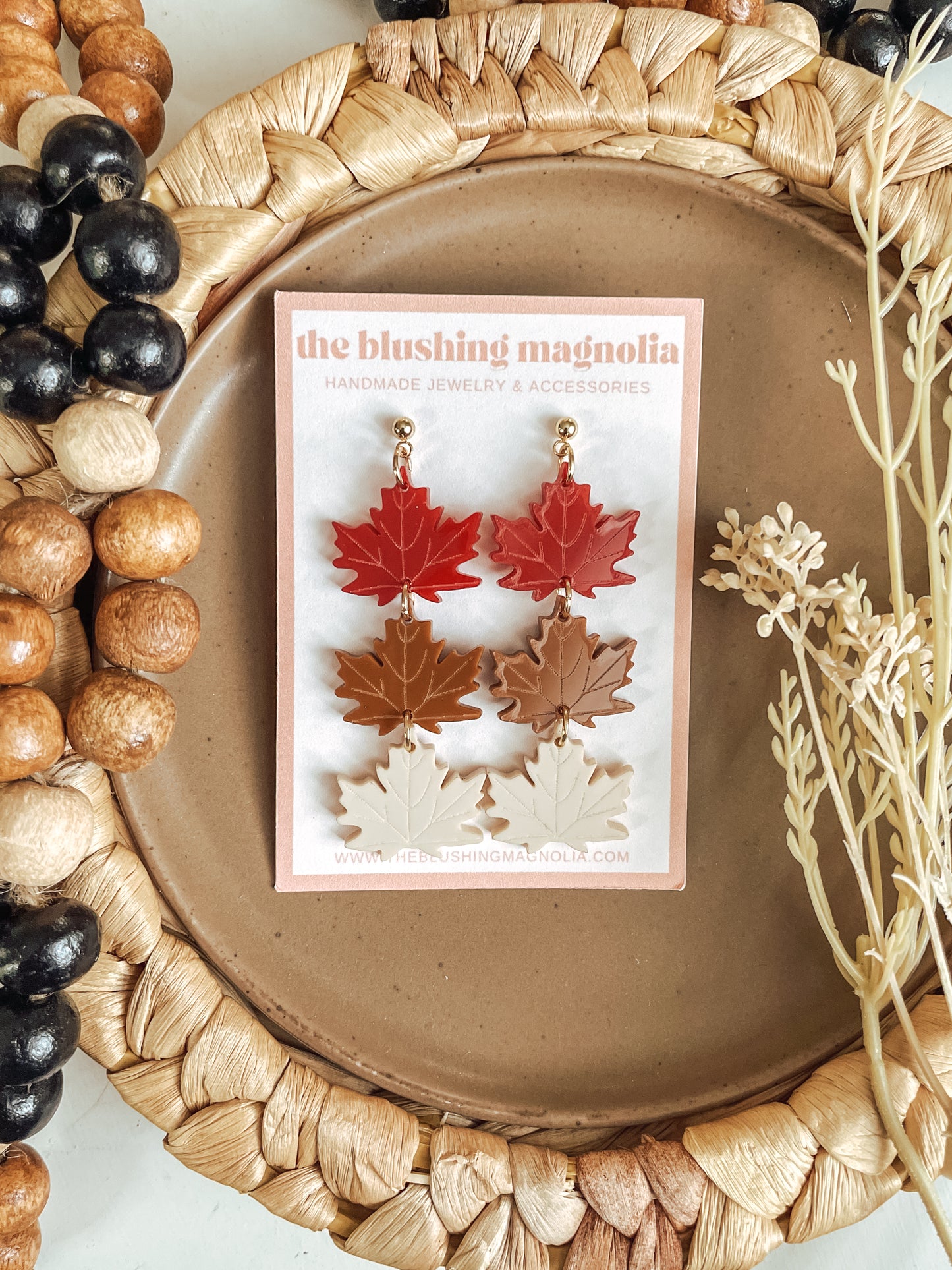 Maroon, Caramel + Cream Leaves - Dangle Earrings