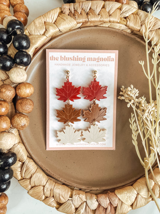 Maroon, Caramel + Cream Leaves - Dangle Earrings