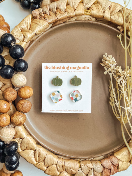 Olive Pumpkins + Fall Checker Stud Earrings