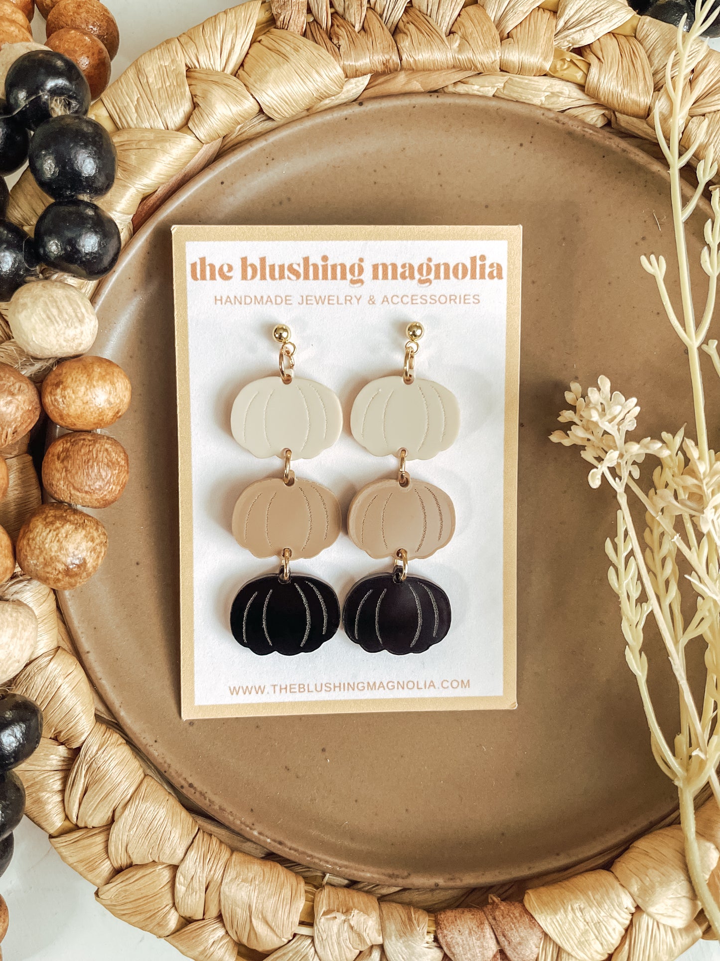 Champagne, Beige + Black Pumpkin Dangle Earrings
