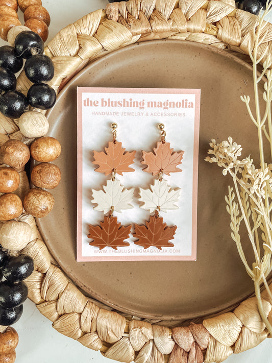 Orange, Cream + Caramel Leaves - Dangle Earrings