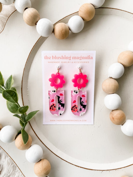 Pink Flower Halloween Dangle Earrings