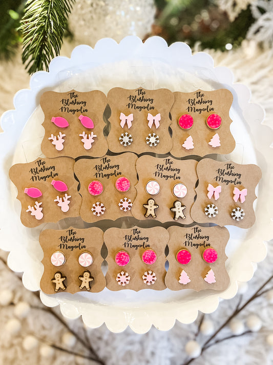 Pink Christmas Stud Earrings